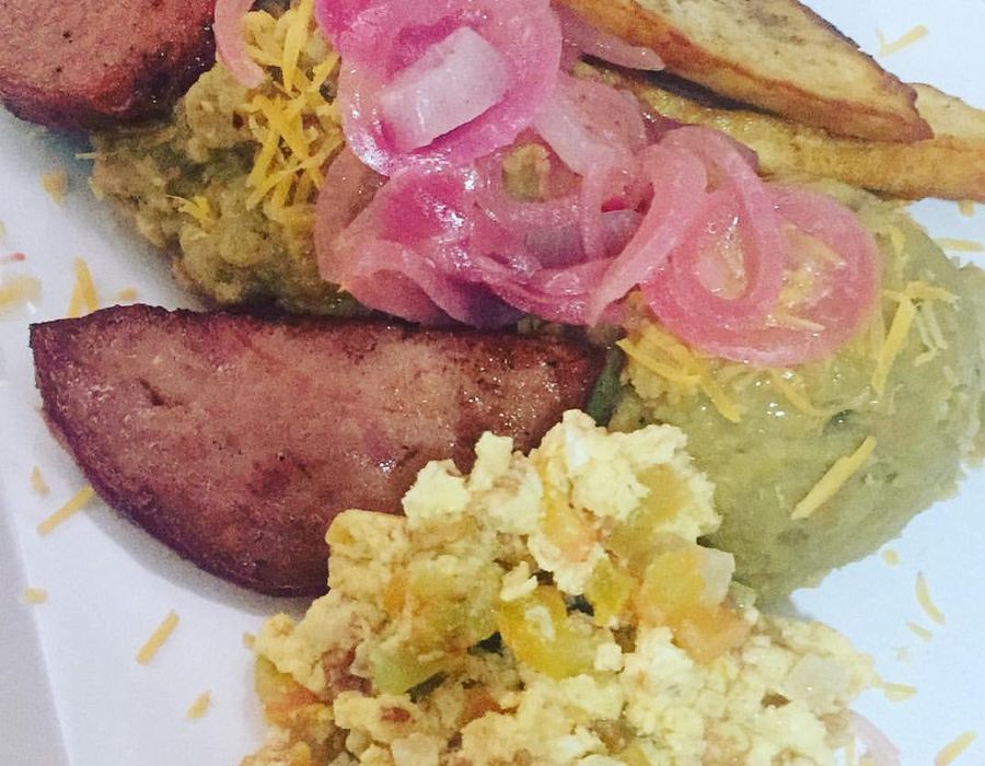 Mangú breakfast plate with salami, eggs and cheese